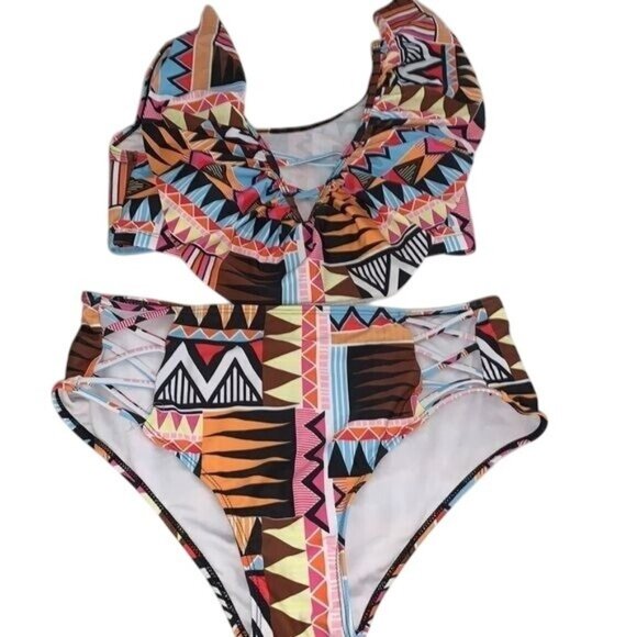 Plus Size Tribal Print Ruffle Bikini Top & Bottom Set Size 26 - Picture 2 of 14